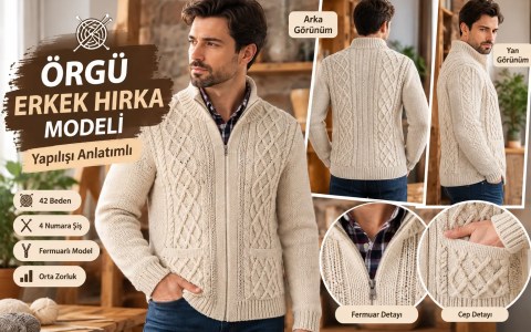 Fermuarlı Erkek Örgü Hırka Modeli Yapılışı: 42 Beden Anlatımlı Tarif